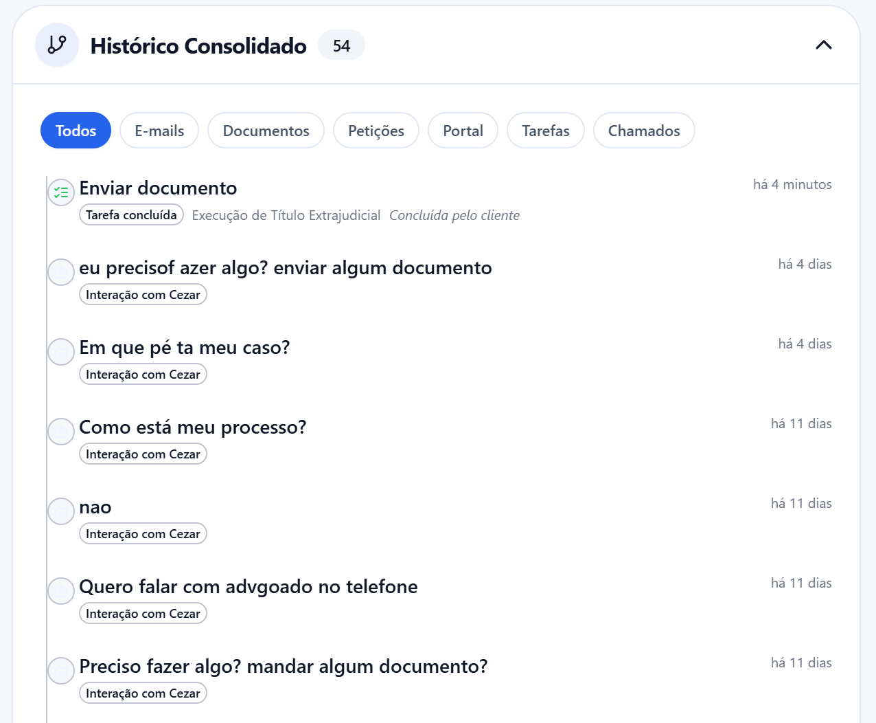 E-mail, documento, petição, portal, tarefa e chat IA — num só lugar.
