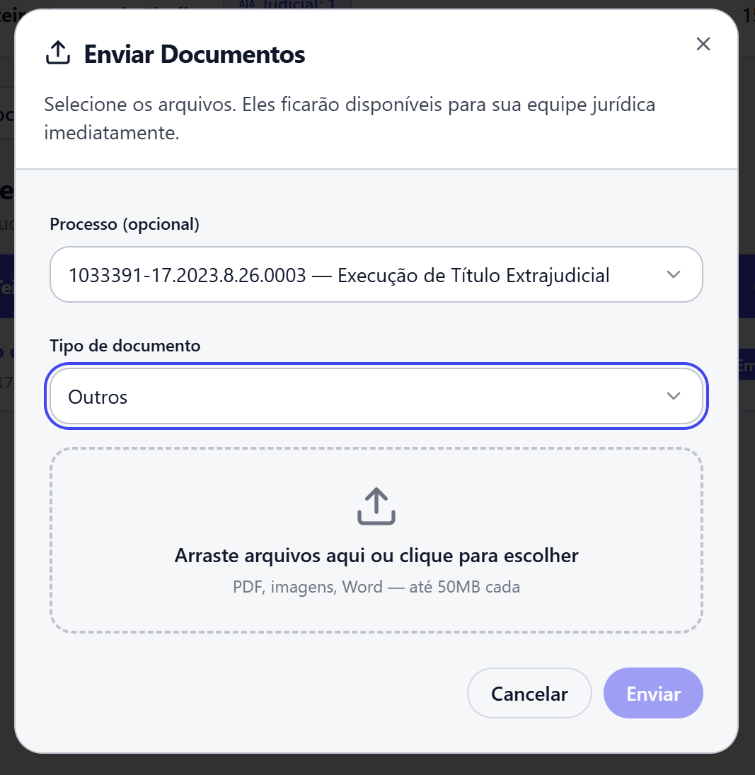 Tellos Law: cobrança de documentos automática vinculada ao cadastro do cliente, checklist por tipo de processo e link para upload direto pelo celular