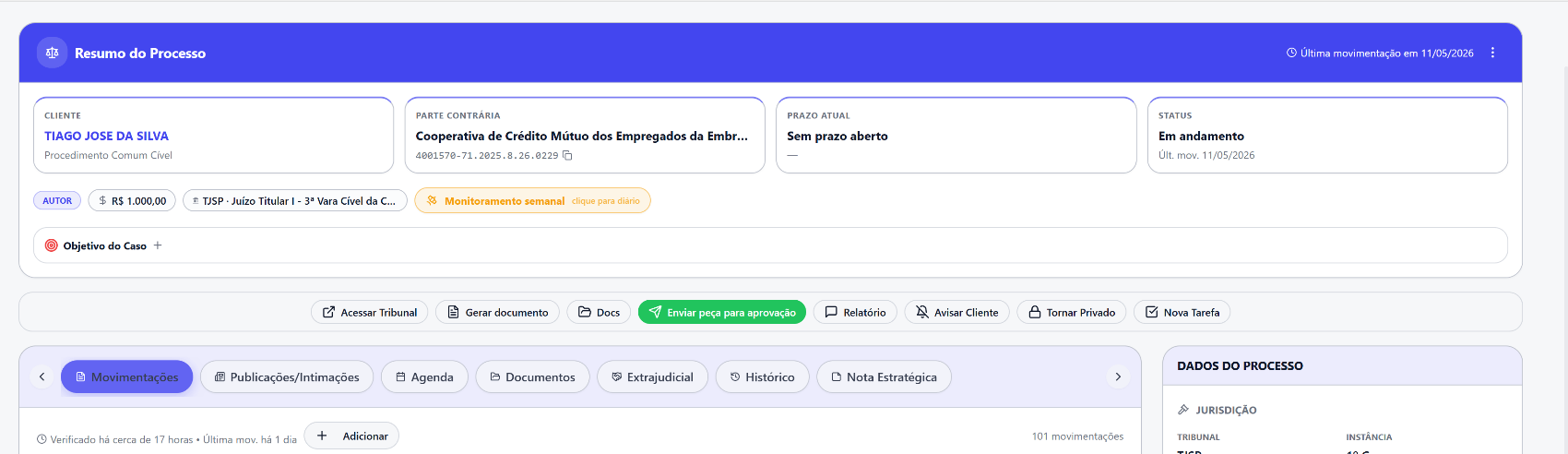 Resumo do Processo no Tellos Law em destaque, mostrando cliente, parte contrária, prazo e a barra de abas com Movimentações, Publicações, Agenda, Documentos, Extrajudicial e Histórico