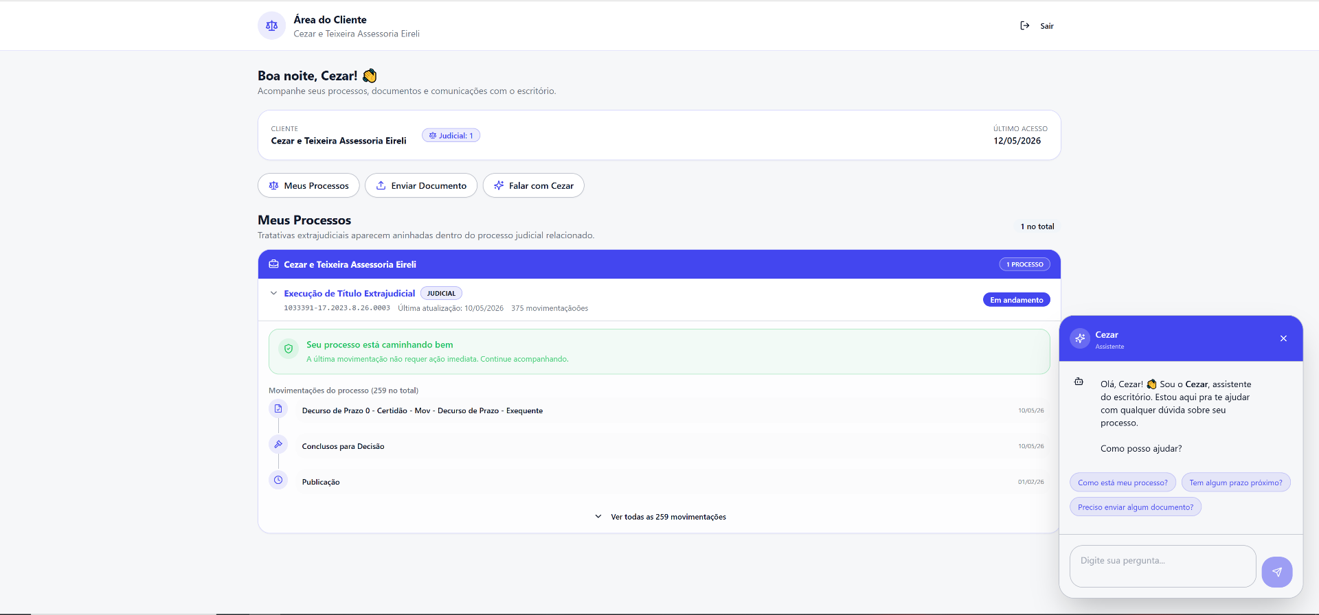 Portal do cliente Tellos Law mostrando saúde do processo, botões Meus Processos, Enviar Documento, Falar com Cezar e chat IA flutuante