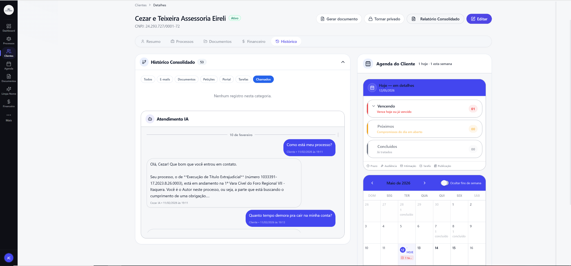 Atendimento IA registrado dentro da ficha do cliente, conversa real entre cliente e Cezar AI sobre o andamento do processo